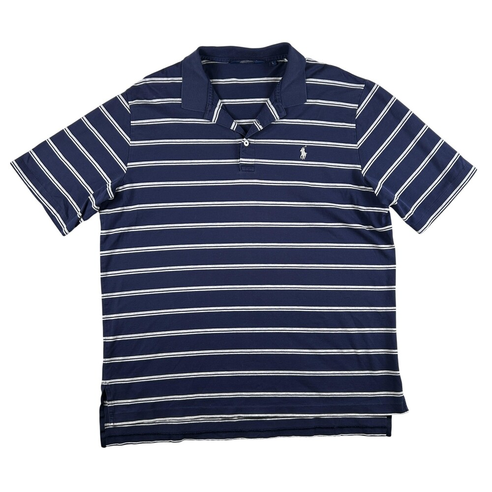 Polo Golf Ralph Lauren Shirt Mens Large Blue Stripe Pima Cotton Logo Knit Preppy